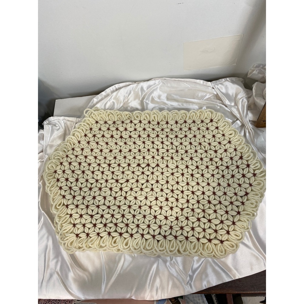 Vintage Crochet placemats Table Topper Floral Off White Brown Accent Handmade